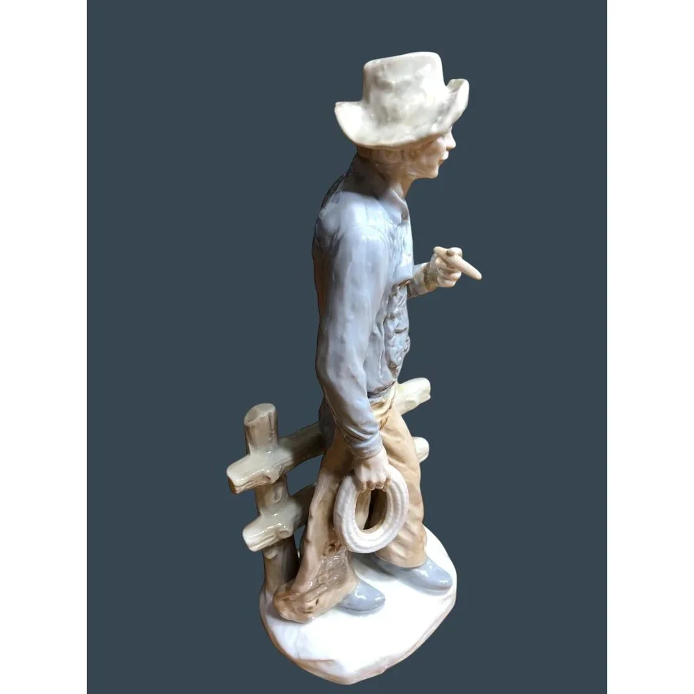 Porcelain Figurine Cowboy Sculpture Hat Cigar Rope Japan Western Rodeo Blue